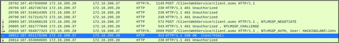 A screenshot of Wireshark showing NTLM authentication of the WUpdate client