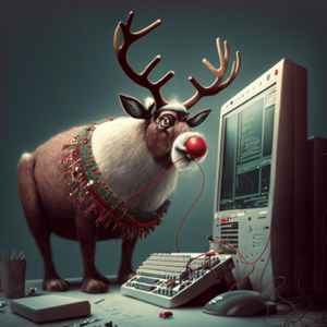 A red-nosed reindeer hacking on a computer